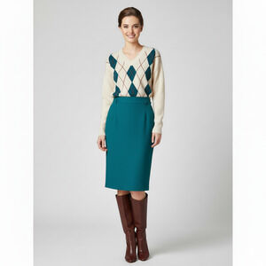 Vintage MISS PENDLETON Hunter Green 100% Virgin Wool High Waist Knee Skirt 10